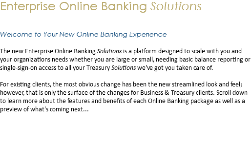 Enterprise Online Banking Solutions Welcome to Your New Online Banking Experience The new Enterprise Online Banking Solutions is a platform designed to scale with you and your organizations needs whether you are large or small, needing basic balance reporting or single-sign-on access to all your Treasury Solutions we've got you taken care of. For existing clients, the most obvious change has been the new streamlined look and feel; however, that is only the surface of the changes for Business & Treasury clients. Scroll down to learn more about the features and benefits of each Online Banking package as well as a preview of what's coming next... 