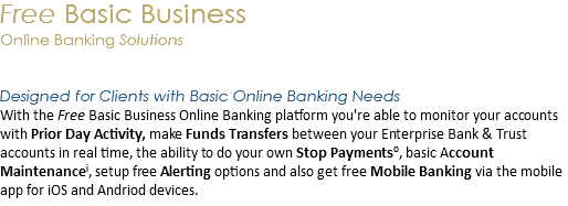 Free Basic Business  Online Banking Solutions Designed for Clients with Basic Online Banking Needs
With the Free Basic Business Online Banking platform you're able to monitor your accounts with Prior Day Activity, make Funds Transfers between your Enterprise Bank & Trust accounts in real time, the ability to do your own Stop Payments⁰, basic Account Maintenanceⁱ, setup free Alerting options and also get free Mobile Banking via the mobile app for iOS and Andriod devices. 