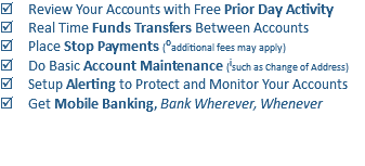 þ Review Your Accounts with Free Prior Day Activity
þ Real Time Funds Transfers Between Accounts
þ Place Stop Payments (⁰additional fees may apply)
þ Do Basic Account Maintenance (ⁱsuch as Change of Address)
þ Setup Alerting to Protect and Monitor Your Accounts
þ Get Mobile Banking, Bank Wherever, Whenever